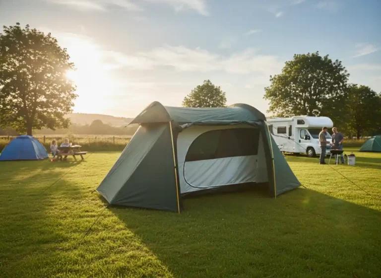 A spacious camping tent set up on a green field during sunset, with a picnic area nearby and a camper van in the background. Two men are preparing food at a table, while children sit at the picnic table.