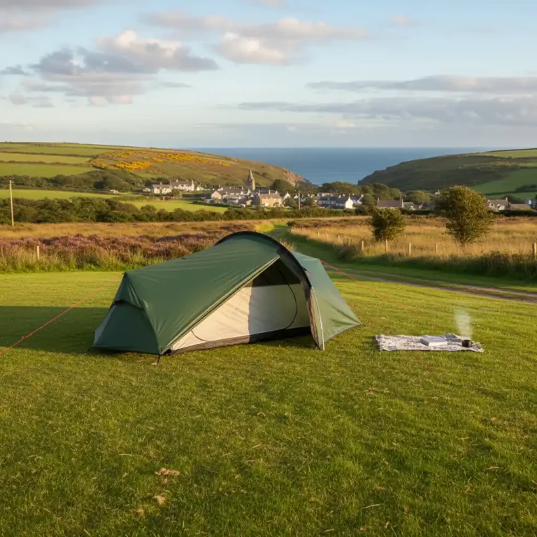 Green camping tent set up on a grassy field with a scenic view of hills and the ocean in the background, perfect for outdoor adventures and nature lovers.