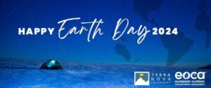 Earth Day promotional graphic featuring a blue background with the text "Earth Day" in a stylish font, symbolizing environmental awareness and celebration.