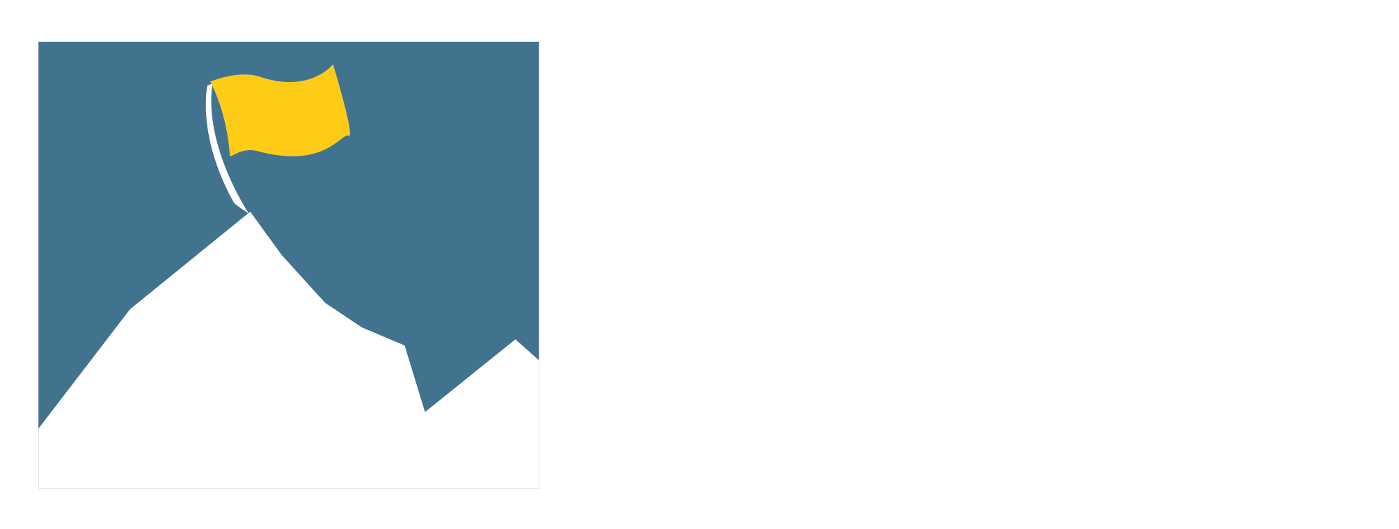 Stylised white mountain peak with a yellow flag on a curved white pole planted at the summit against a blue square background.