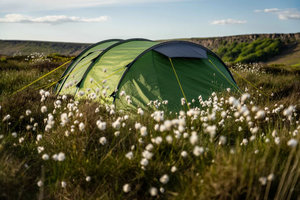 Green tunnel-style camping tent pitched on grassy moorland dotted with white cotton-like flowers, secured with yellow guy ropes and set against low cliffs and distant trees under a pale sky.