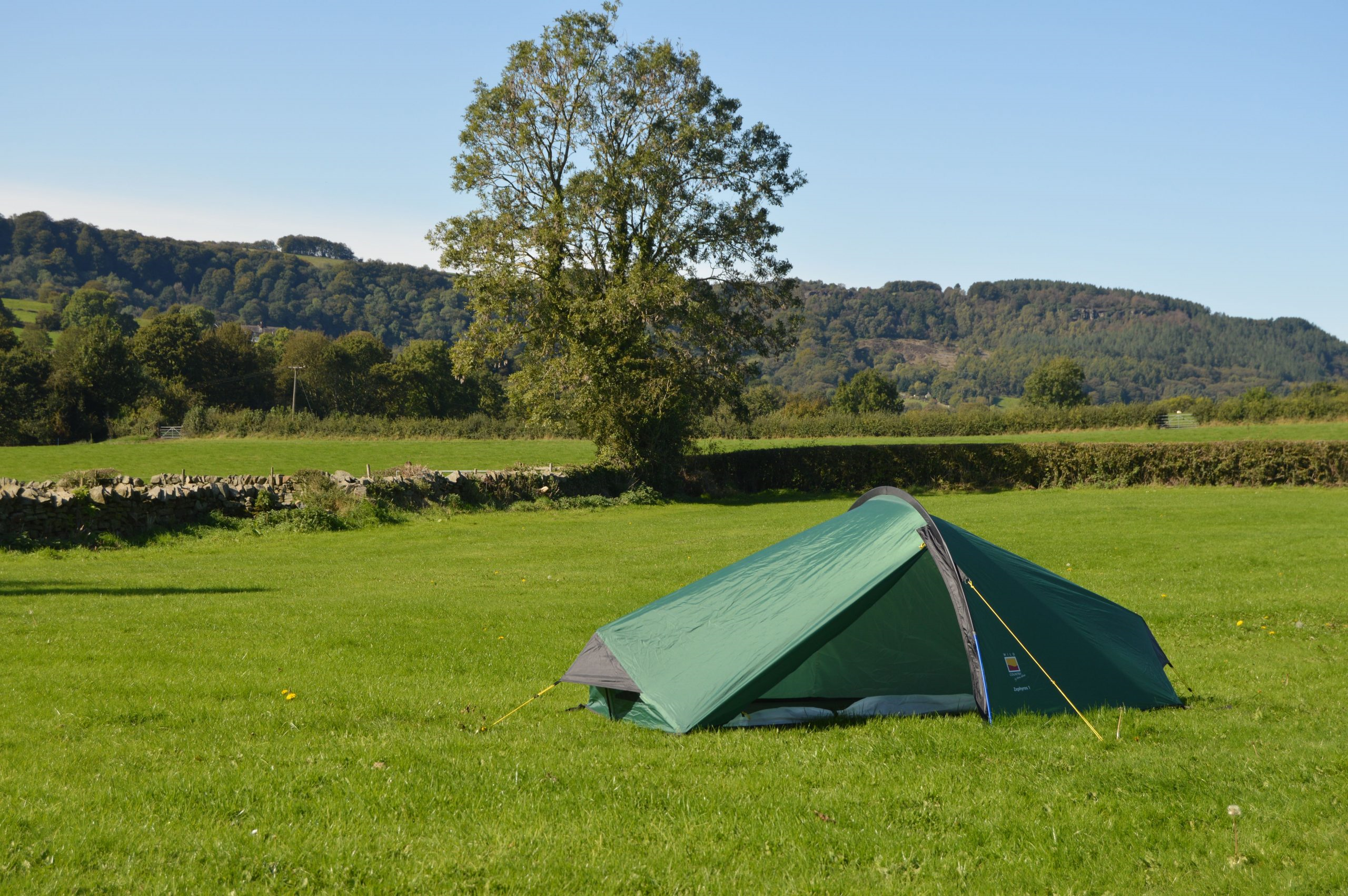Small green one-person tent pegged with yellow guy lines on a wide grassy field, a lone tree and low dry-stone wall in the midground and tree-covered hills beneath a clear blue sky.
