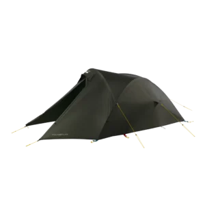 12_TN_Voyager_Light_05_co-3.webp Dark olive-green two-person tunnel tent with a covered front vestibule and taut yellow guy lines staked out, showing VOYAGER LITE branding on the lower side.