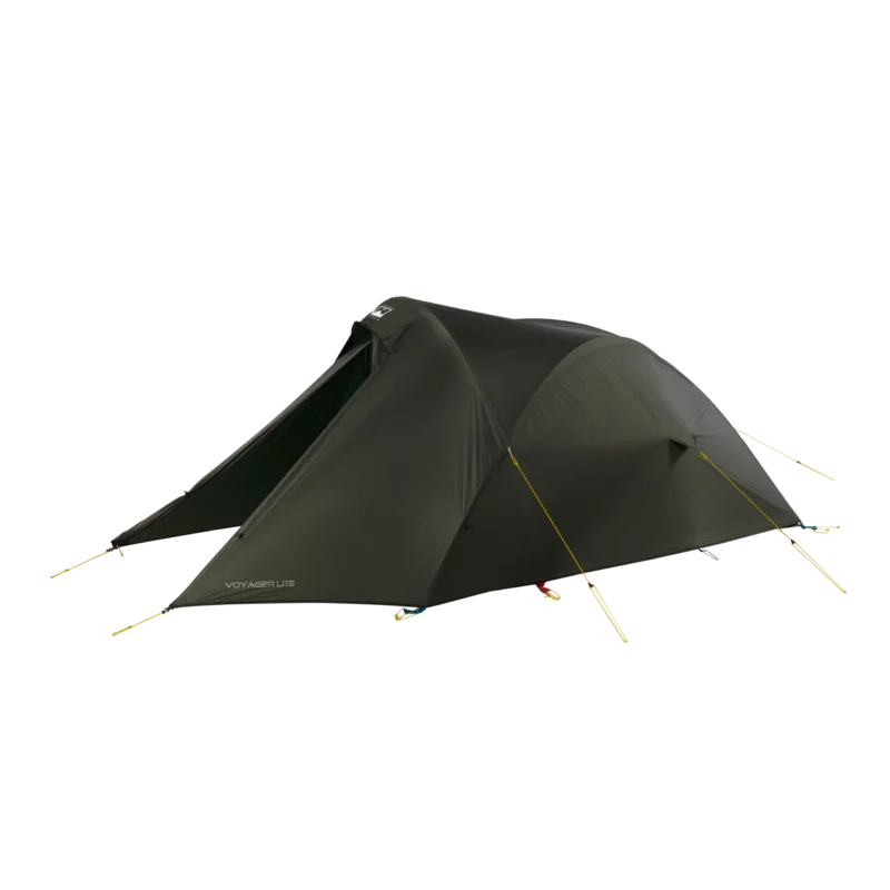 Dark olive-green two-person tunnel tent with a covered front vestibule and taut yellow guy lines staked out, showing VOYAGER LITE branding on the lower side.