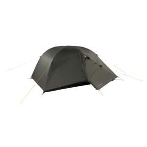 Olive-green two-person dome tent with a full rainfly and small front vestibule, supported by crossed poles and yellow guy lines, shown against a white background.