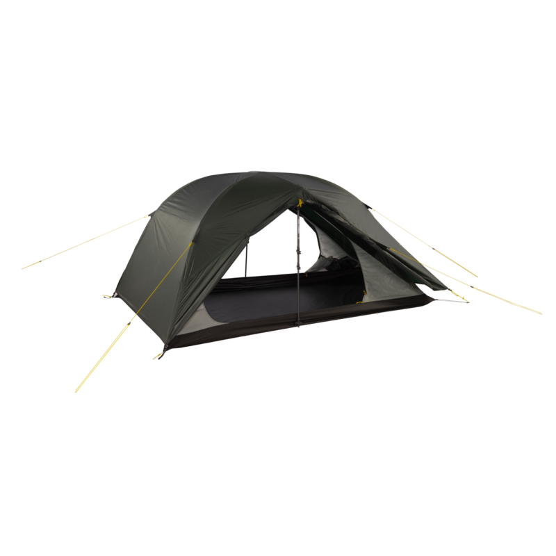 Olive-green single-person dome tent with an open front and black bathtub floor, supported by a central trekking pole and yellow guy-lines against a white background.