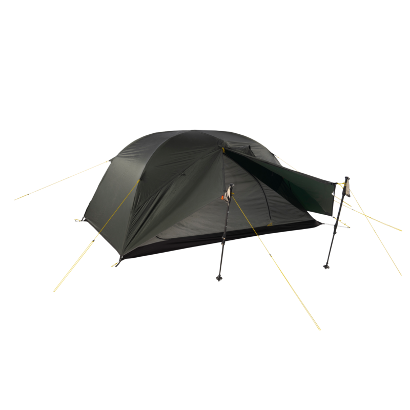 Low-profile dark-green backpacking tent with a partially opened vestibule propped up by two trekking poles, bright yellow guy lines and a black groundsheet, shown on a white background.