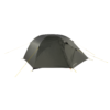 Dark olive-green dome camping tent with rainfly over curved poles, a zipped front vestibule and yellow guy lines pegged out.