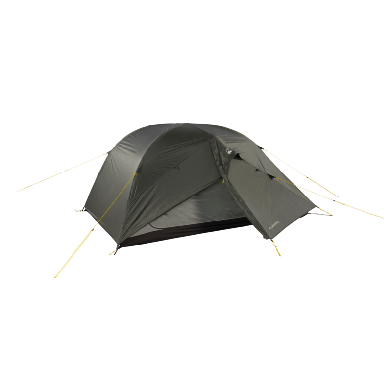 Olive-green two-person dome tent with arched poles, a partially open front vestibule revealing the dark inner floor, and yellow guy lines, photographed on a white background.