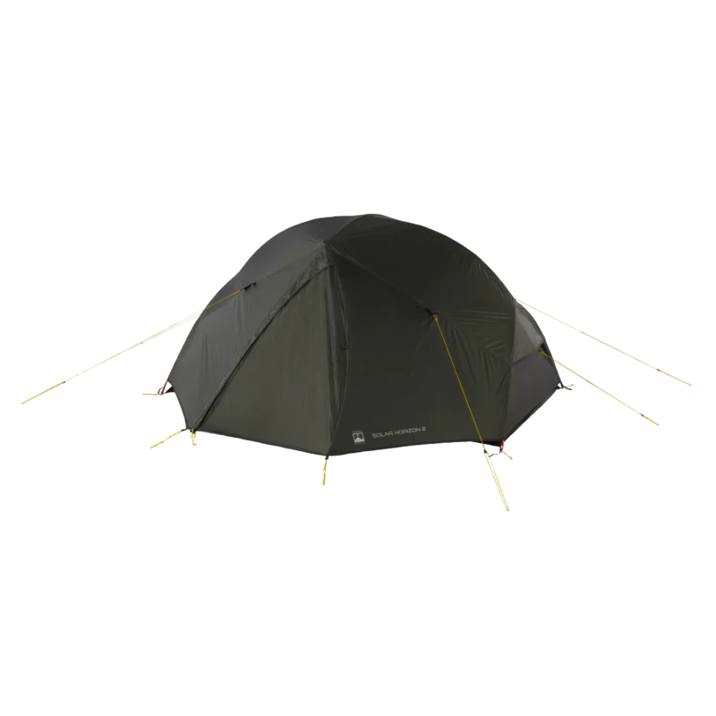 Olive-green two-person dome tent with a full rainfly, crossed pole frame and yellow guy lines staked out, photographed against a black background.
