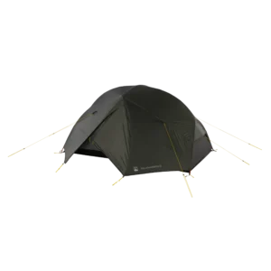 Dark green dome-style two-person camping tent with an extended vestibule, taut yellow guylines and pegged corners, shown isolated on a black background.