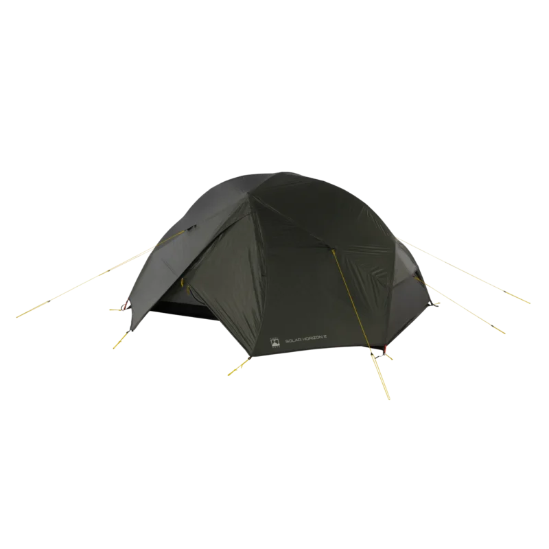 Dark green dome-style two-person camping tent with an extended vestibule, taut yellow guylines and pegged corners, shown isolated on a black background.