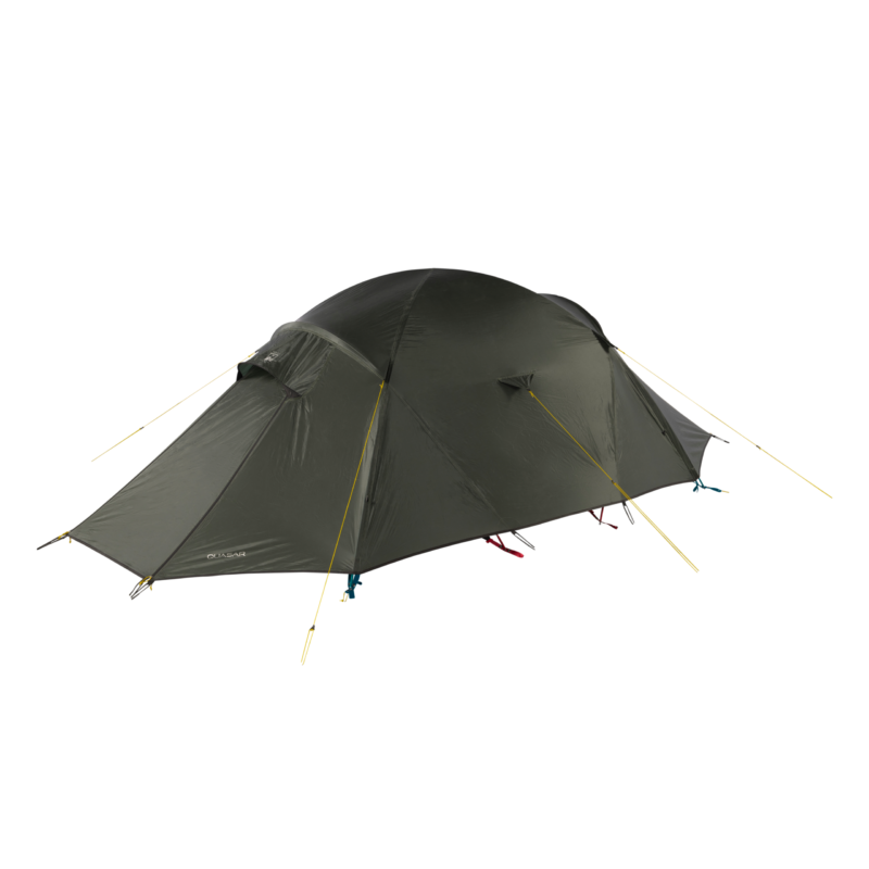 Low-profile olive-green dome tent with taut yellow guy lines, sloping vestibules at each end and coloured tension straps, shown against a white background.