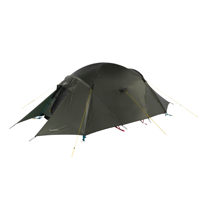 Olive-green dome backpacking tent with a taut rainfly, small front vestibule and yellow guy lines staked out, shown on a white background.