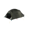 Dark green dome camping tent pitched with yellow guy lines and pegs, front door partially open to show a mesh inner compartment, isolated on a white background.
