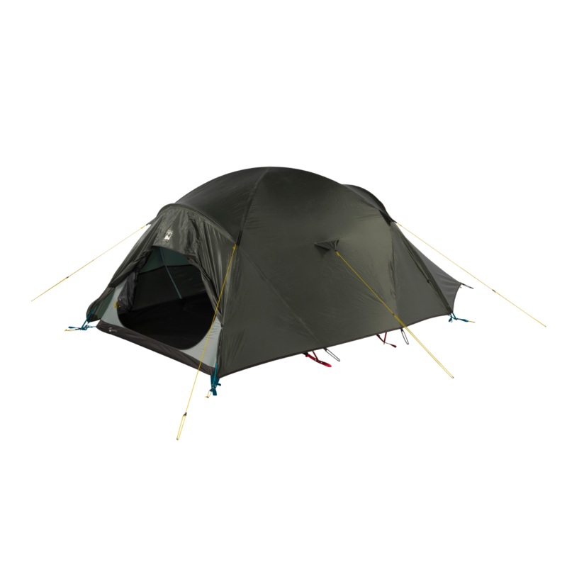 Dark green dome camping tent pitched with yellow guy lines and pegs, front door partially open to show a mesh inner compartment, isolated on a white background.