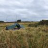 A small green camping tent pitched among tall windswept grasses and low scrub on an overcast grassy moor beneath a cloudy grey sky.