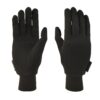 Pair of black knit gloves displayed palm and back on a white background, featuring five fingers, ribbed wrist cuffs and small brand tags at the sides.
