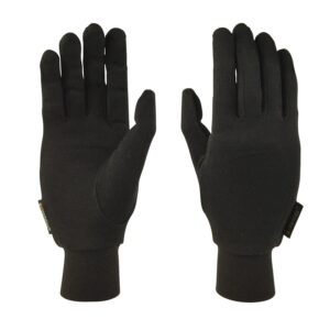 Pair of black knit gloves displayed palm and back on a white background, featuring five fingers, ribbed wrist cuffs and small brand tags at the sides.