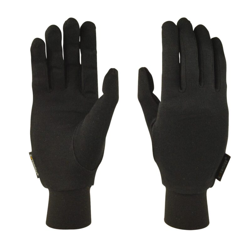 Pair of black knit gloves displayed palm and back on a white background, featuring five fingers, ribbed wrist cuffs and small brand tags at the sides.