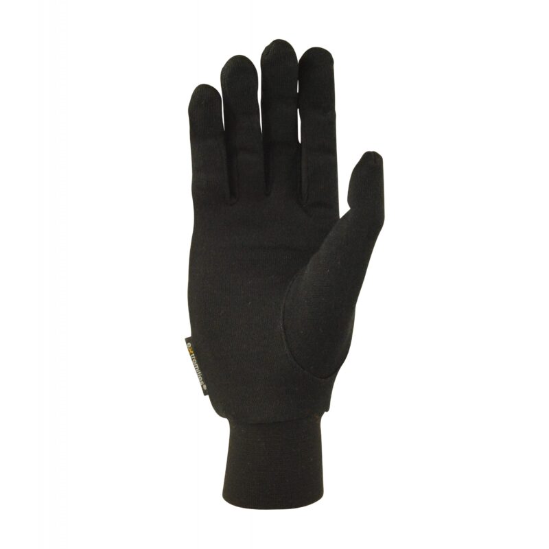 Black insulated five-finger glove shown palm-up on a white background, with a reinforced thumb patch, elasticated knit wrist cuff and a small brand tag at the side.