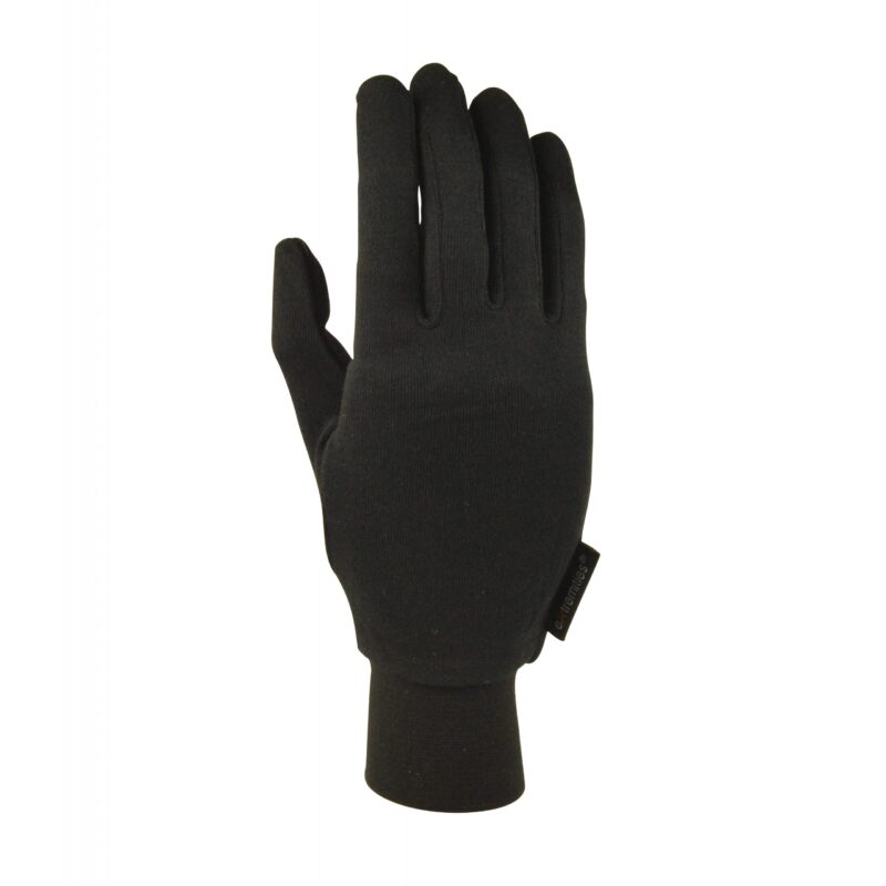Single black fabric glove with close-fitting fingers, elasticated wrist cuff and small side tag, shown flat on a white background