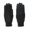 Pair of slim black gloves shown palm and back; left glove displays a textured silicone grip pattern on the palm, right glove shows the back with a touchscreen-compatible icon on the index finger and small orange branding near the wrist.
