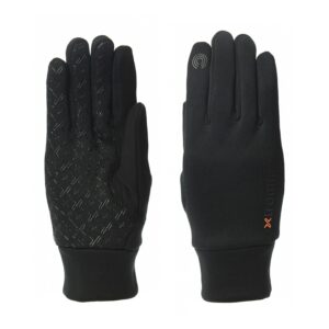 Pair of slim black gloves shown palm and back; left glove displays a textured silicone grip pattern on the palm, right glove shows the back with a touchscreen-compatible icon on the index finger and small orange branding near the wrist.