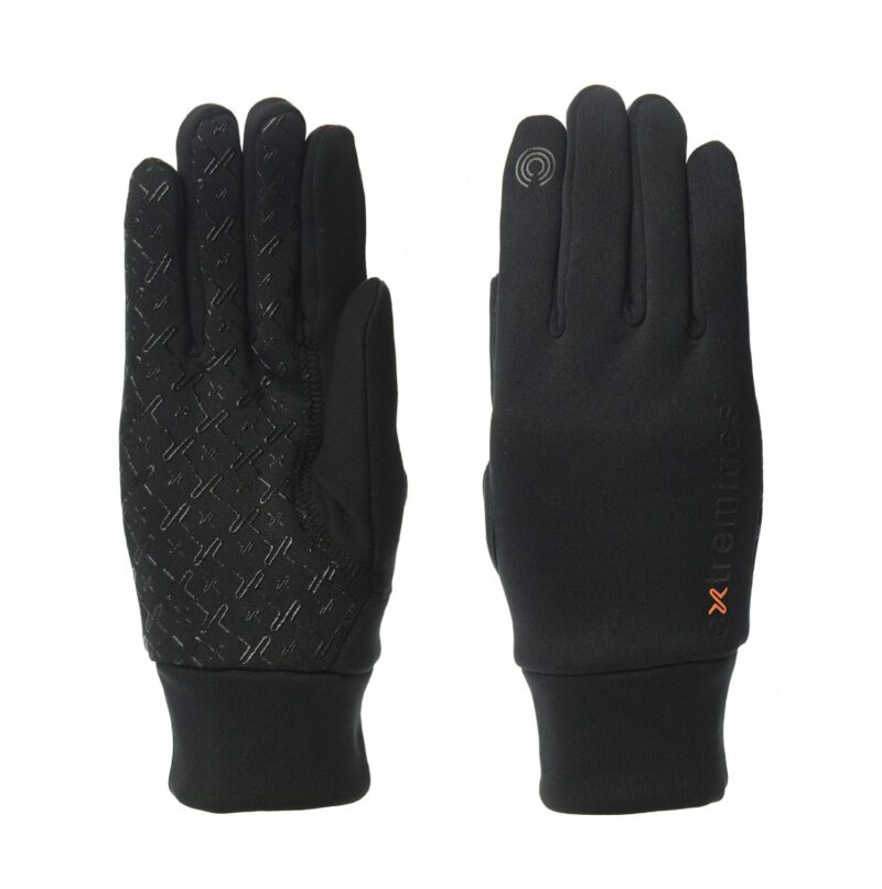 Pair of slim black gloves shown palm and back; left glove displays a textured silicone grip pattern on the palm, right glove shows the back with a touchscreen-compatible icon on the index finger and small orange branding near the wrist.