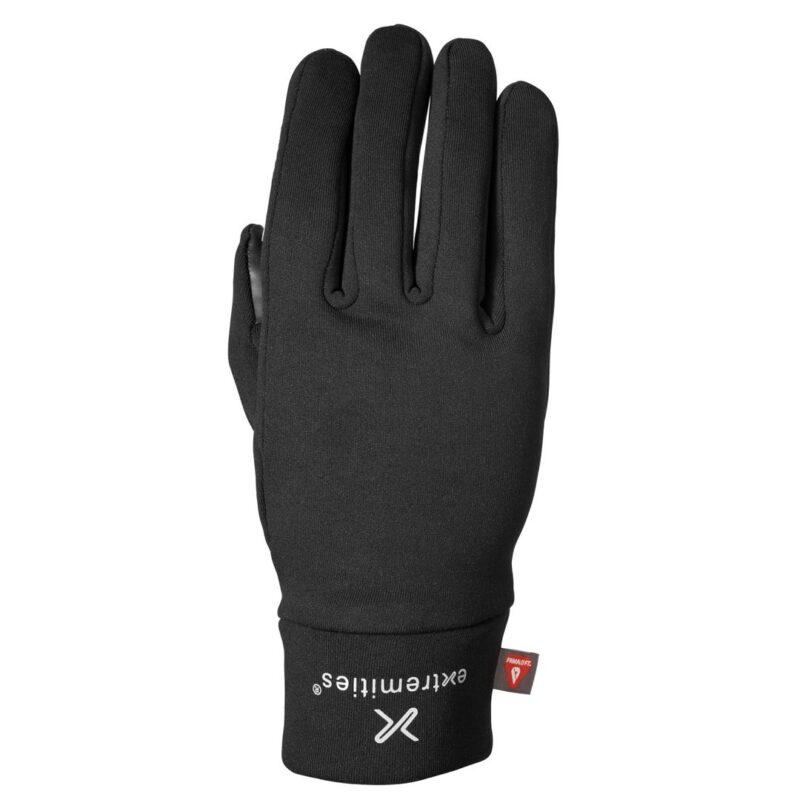 Black insulated glove laid flat with fingers pointing up, smooth fabric back, white 'extremities' logo and stylised X on the cuff and a small red brand tag at the wrist.