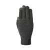 Dark grey knitted right-hand glove with a ribbed cuff and small black brand tag, featuring slightly lighter touchscreen-compatible tips on the thumb and index finger, isolated on a white background
