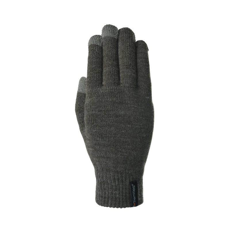 Dark grey knitted right-hand glove with a ribbed cuff and small black brand tag, featuring slightly lighter touchscreen-compatible tips on the thumb and index finger, isolated on a white background
