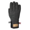Dark charcoal flecked knit glove showing the back of the hand, with a small wrist zipper, tan leather label and a red insulation tag.