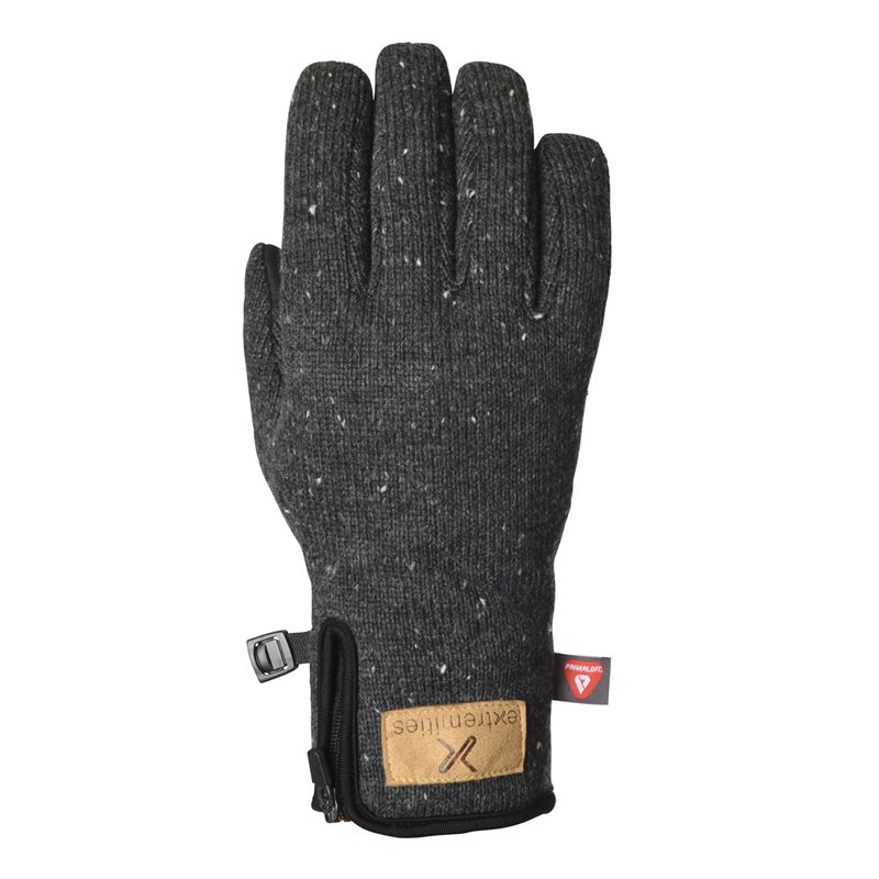 Dark charcoal flecked knit glove showing the back of the hand, with a small wrist zipper, tan leather label and a red insulation tag.