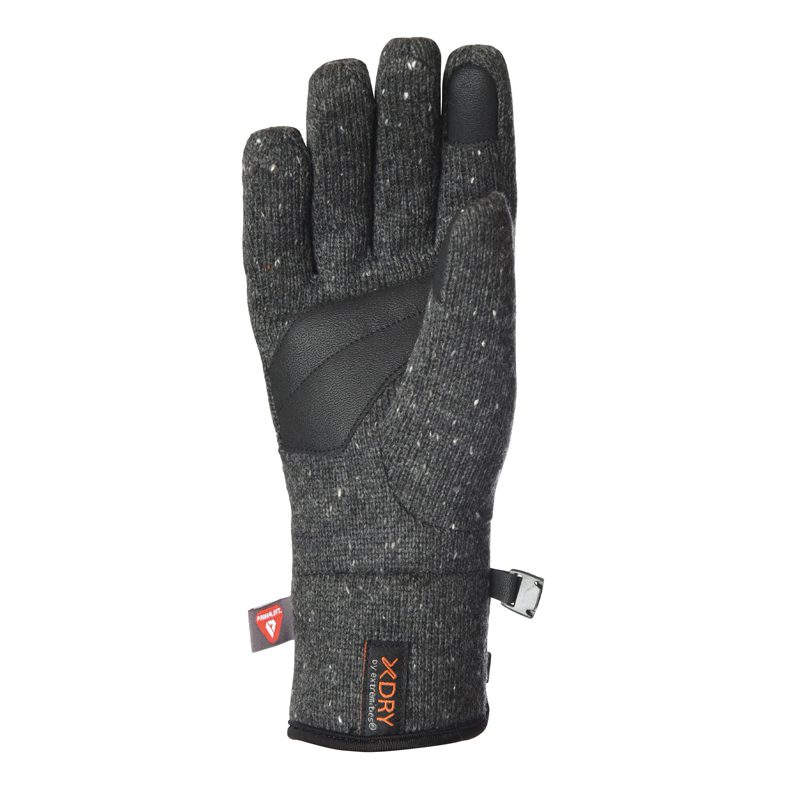 Dark grey speckled knit glove shown palm-up with black textured palm reinforcements, a touchscreen-compatible black tip on the index finger, an adjustable side strap and an orange XDRY label on the cuff.