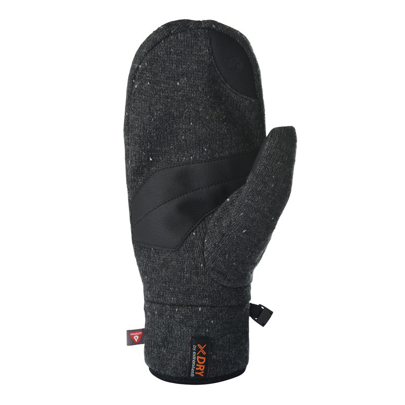Dark charcoal knitted mitten with a black synthetic palm patch and thumb, elasticated cuff bearing an orange X-DRY tag and small red label, shown against a white background.