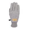 Grey wool-blend glove with a ribbed cuff, small tan leather brand patch near the wrist and a black plastic clip on the side