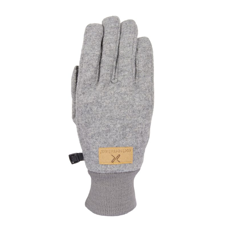 Grey wool-blend glove with a ribbed cuff, small tan leather brand patch near the wrist and a black plastic clip on the side