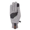 Palm-up grey wool-style winter glove with black synthetic grip patches across the palm and index fingertip, ribbed cuff with a black tab bearing orange XDRY branding and a small side clip.