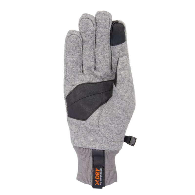 Palm-up grey wool-style winter glove with black synthetic grip patches across the palm and index fingertip, ribbed cuff with a black tab bearing orange XDRY branding and a small side clip.