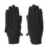 Pair of black winter gloves laid flat—left glove palm-up showing a grey grid grip pattern, red stitching and a small red pull loop, right glove back-up with smooth black fabric and a Velcro wrist strap.