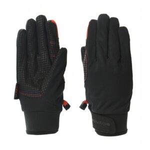 Pair of black winter gloves laid flat—left glove palm-up showing a grey grid grip pattern, red stitching and a small red pull loop, right glove back-up with smooth black fabric and a Velcro wrist strap.