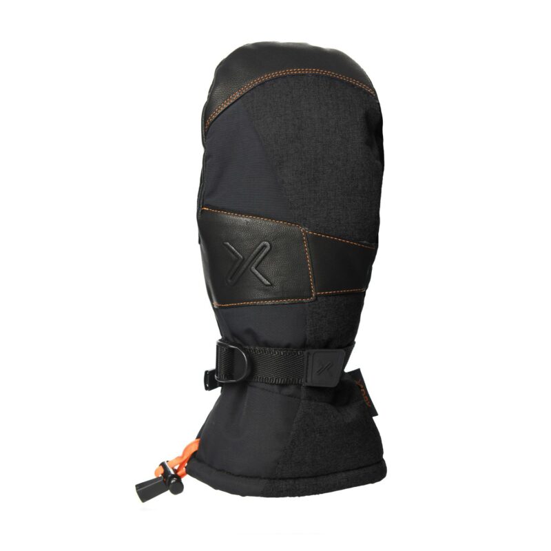 Tall black insulated mitten with leather-look panels and orange contrast stitching, embossed X logo, adjustable webbing wrist strap with buckle and an orange drawcord at the gauntlet