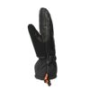 Black three-finger winter mitten with leather palm and orange contrast stitching, adjustable wrist strap and elasticised gauntlet cuff with orange drawcord