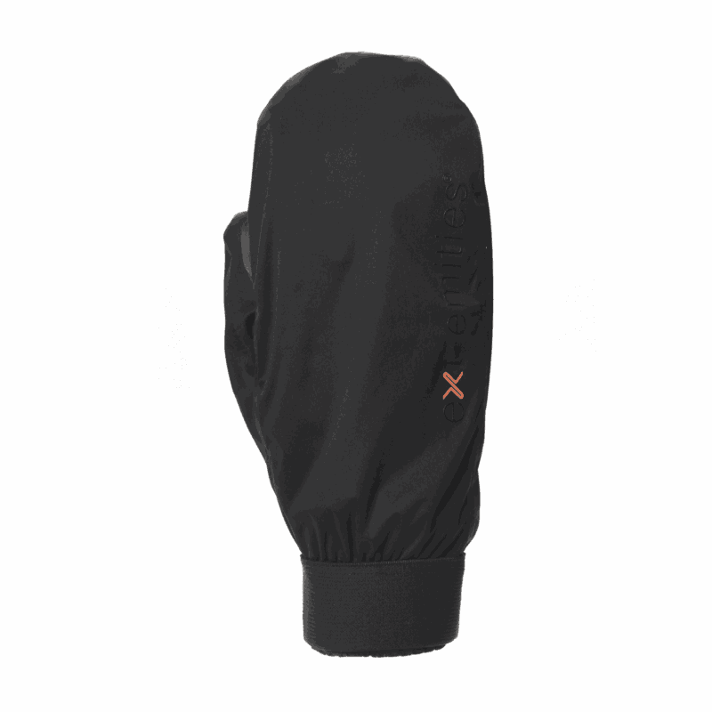 Single black winter mitten with an elasticated wrist cuff, embossed vertical branding and a small orange 'x' logo on the back, photographed on a plain white background.
