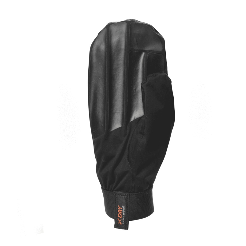 Black waterproof mitten shown upright on a white background, featuring three raised rubber protective strips on the back, a reinforced thumb and an elasticated wrist cuff with a small vertical tag labeled XDRY.