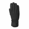 Black insulated winter glove laid flat with the back facing up, featuring stitched finger seams, subtle branding on the index finger, an elasticated wrist and a Velcro strap closure.