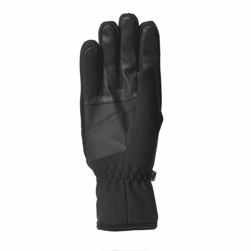 Black insulated winter glove on a white background, shown palm-up with textured synthetic-leather palm panels, stitched finger seams and an elasticated wrist.