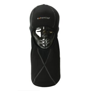 Black full-face balaclava with extended neck, grey contrast stitching and a small 'extremities' logo on the forehead, shown on a glossy black mannequin head