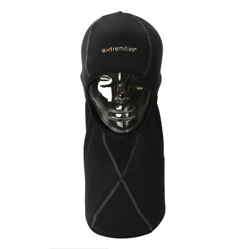Black full-face balaclava with extended neck, grey contrast stitching and a small 'extremities' logo on the forehead, shown on a glossy black mannequin head